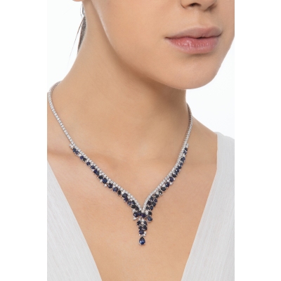 Design tennis necklace with blue sapphires and diamonds