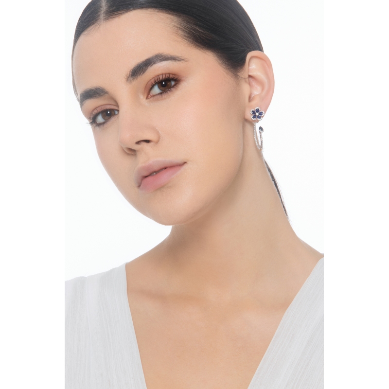 Flower drop earrings with diamonds and blue sapphires