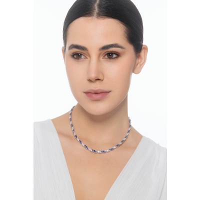Blue sapphires and diamonds design necklace in white gold 18k