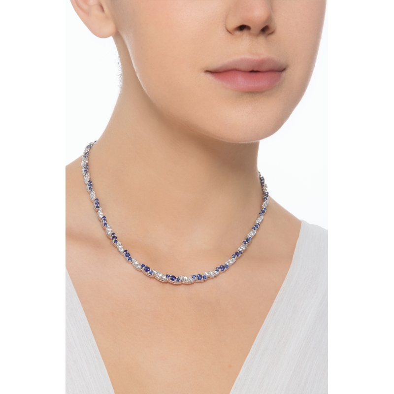Blue sapphires and diamonds design necklace in white gold 18k Blue sapphires and diamonds design necklace in white gold 18k