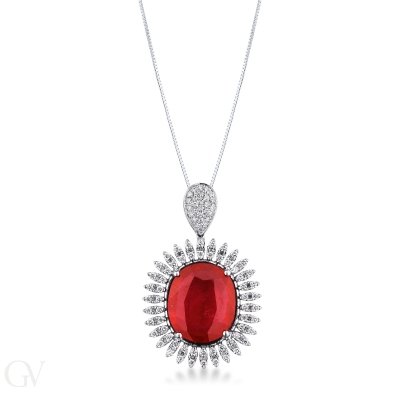 750 white gold necklace with oval ruby and diamonds