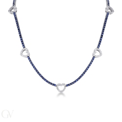 Tennis blue sapphires and diamonds heart necklace in white gold 18k