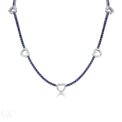 Tennis blue sapphires and diamonds heart necklace in white gold 18k
