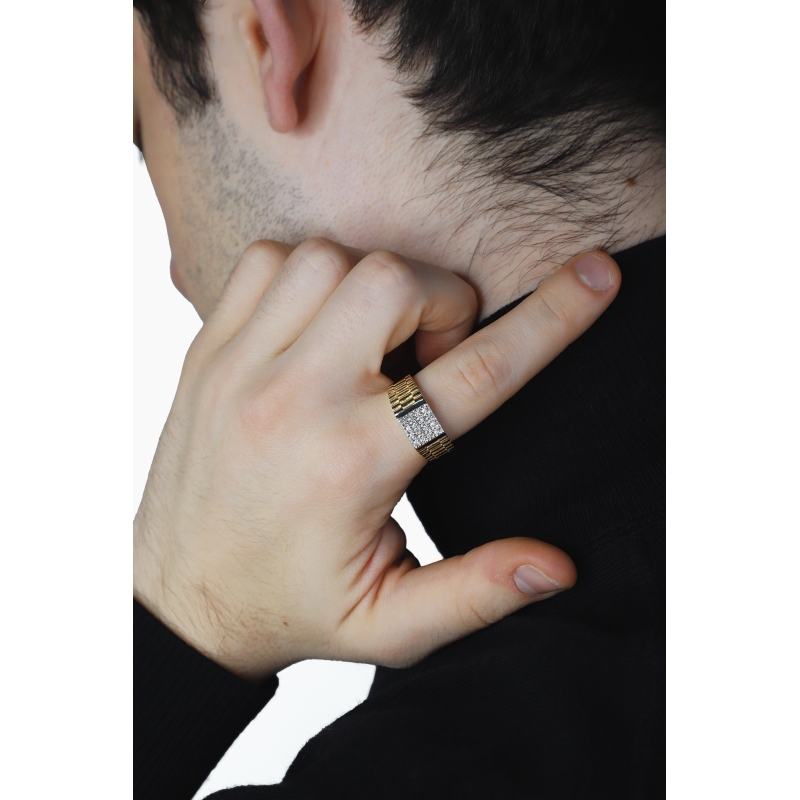 Band men ring in white and yellow gold 18k with pavè diamonds Band men ring in white and yellow gold 18k with pavè diamonds