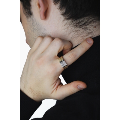 Band men ring in white and yellow gold 18k with pavè diamonds