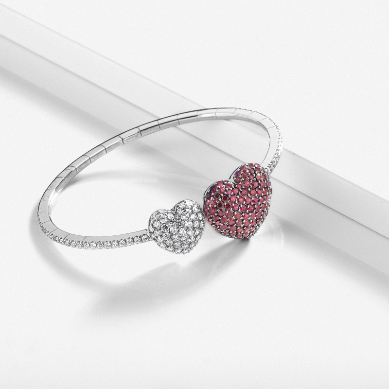 18k white gold bracelet with two heart in diamonds and rubies 18k white gold bracelet with two heart in diamonds and rubies