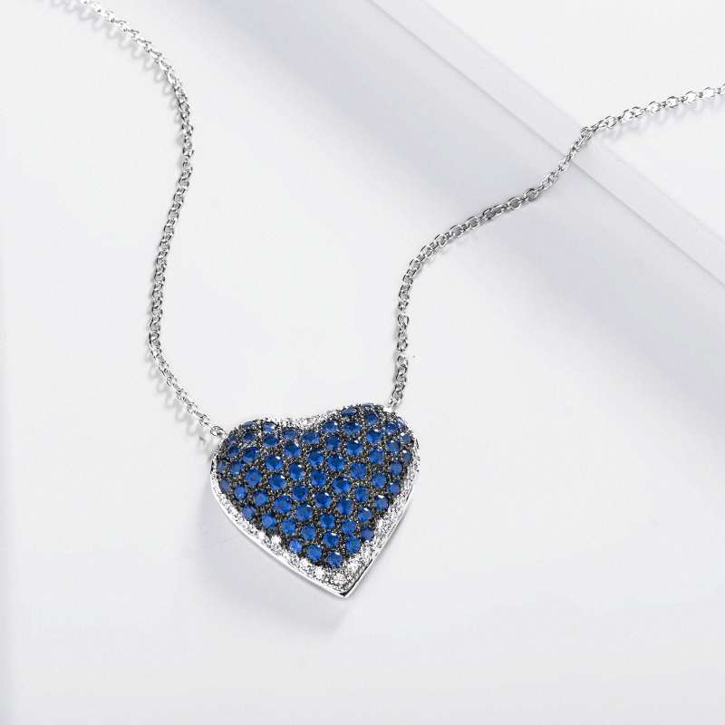 18k white gold necklace with heart pavè pendant blue sapphires and diamonds 18k white gold necklace with heart pavè pendant blue sapphires and diamonds