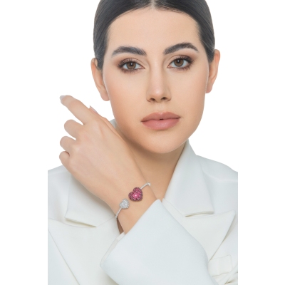 18k white gold bracelet with two heart in diamonds and rubies