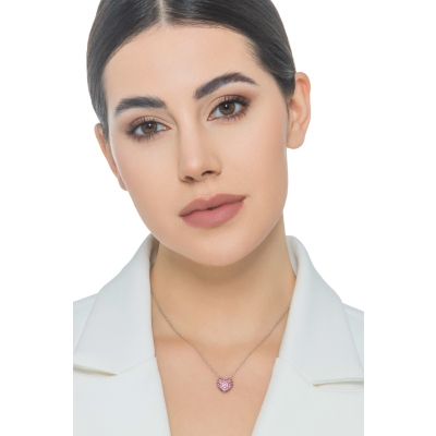 18k white gold necklace with heart pavè pink sapphires pendant