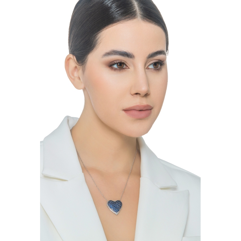 18k white gold necklace with heart pavè pendant blue sapphires and diamonds 18k white gold necklace with heart pavè pendant blue sapphires and diamonds
