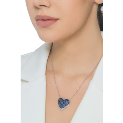 18k white gold necklace with heart pavè pendant blue sapphires and diamonds