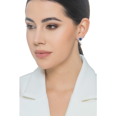 Halo earrings with blue sapphire heart and diamonds