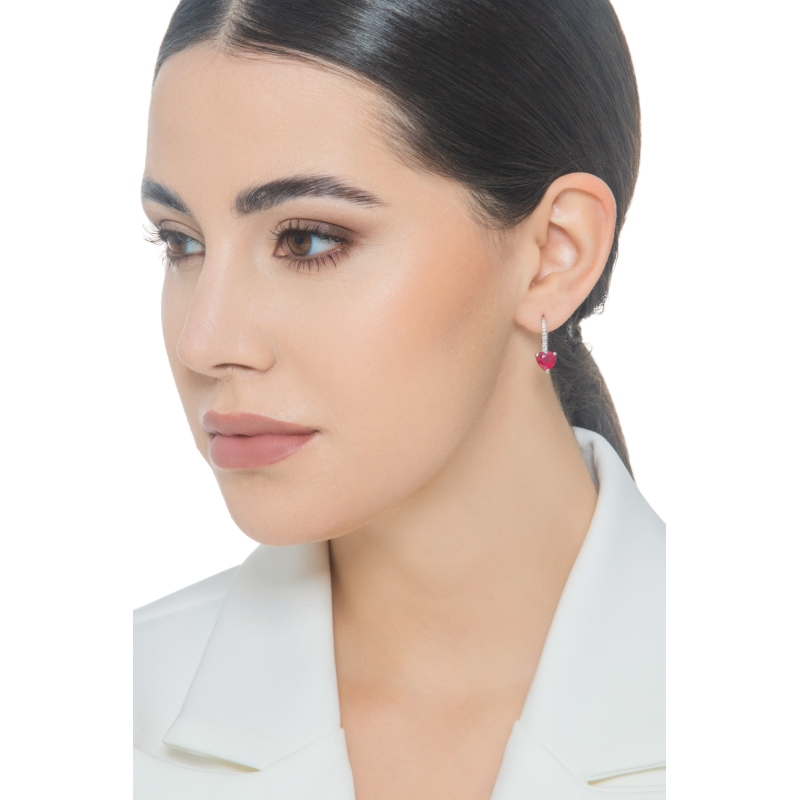 18k white gold pendant earrings with heart ruby and diamonds 18k white gold pendant earrings with heart ruby and diamonds