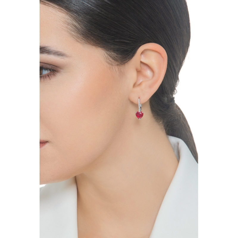 18k white gold pendant earrings with heart ruby and diamonds 18k white gold pendant earrings with heart ruby and diamonds