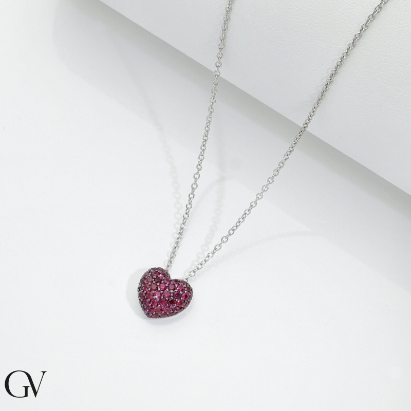 18k white gold necklace with heart ruby pavè pendant