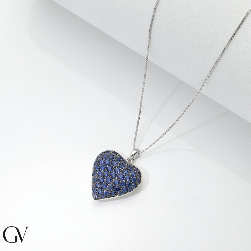18k white gold necklace with a burnished blue sapphire pavé heart pendant 18k white gold necklace with a burnished blue sapphire pavé heart pendant