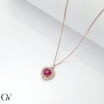 18k rose gold necklace with halo heart ruby and diamonds pendant