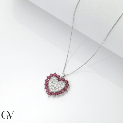 18k white gold necklace with heart ruby and diamonds pendant