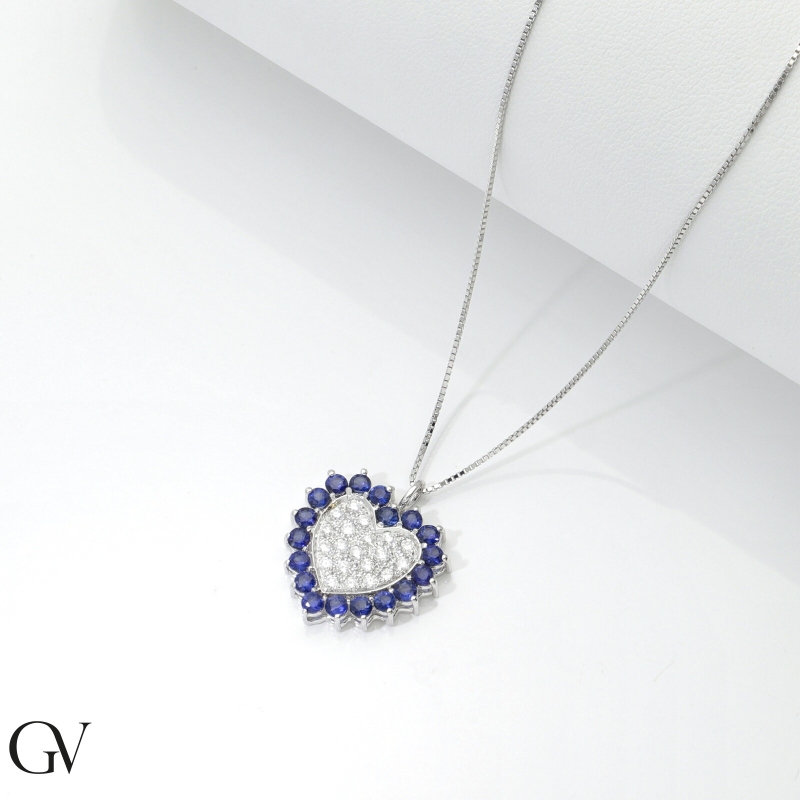 Blue sapphires and diamonds heart necklace in white gold 18k Blue sapphires and diamonds heart necklace in white gold 18k
