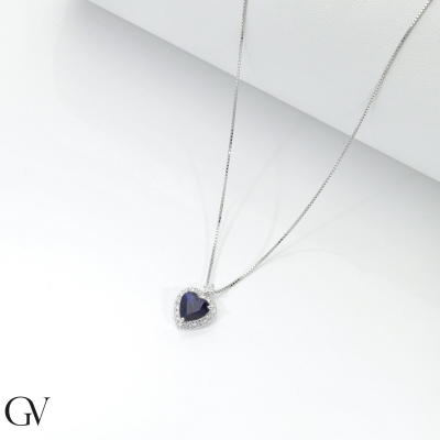 18k white gold necklace with blue sapphire heart pendant and diamonds
