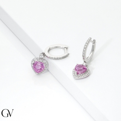 750 white gold earrings with heart pink sapphire and diamonds