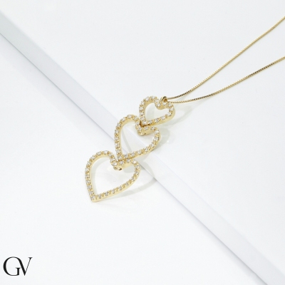 18k yellow gold necklace with three hearts in diamonds