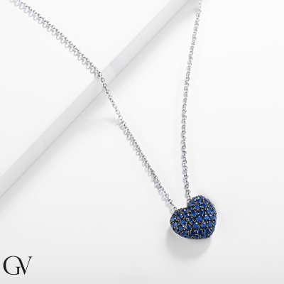 750 white gold necklace with heart blue sapphires pavè pendant