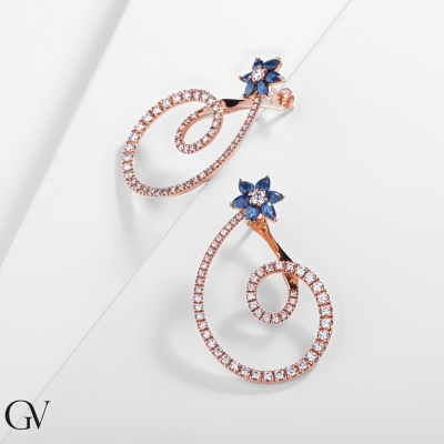 18k rose gold earrings with flower blue sapphires and diamonds