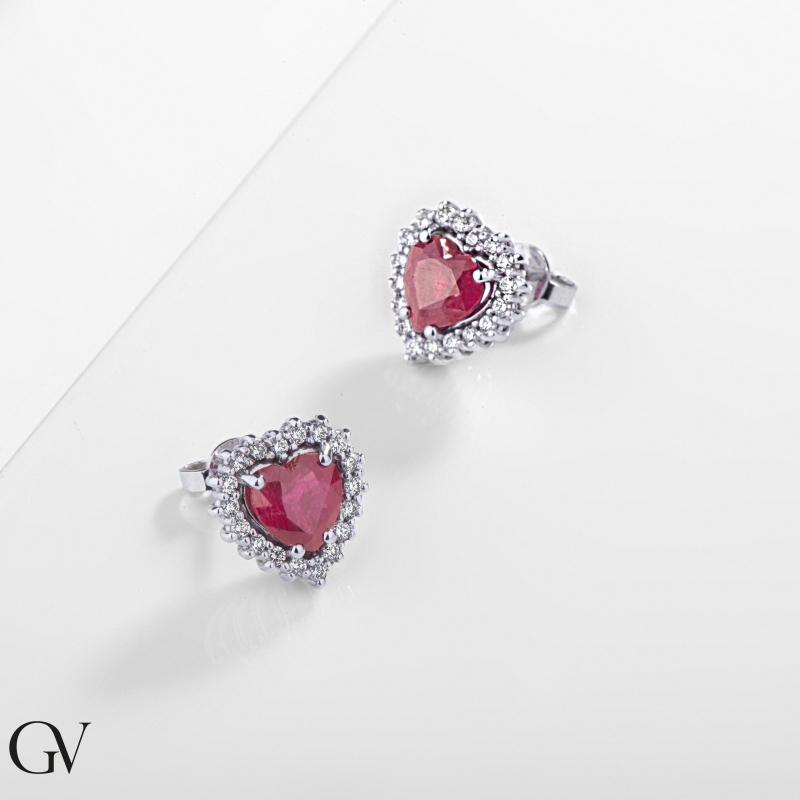 18k white gold earrings with diamonds and ruby heart cut 18k white gold earrings with diamonds and ruby heart cut