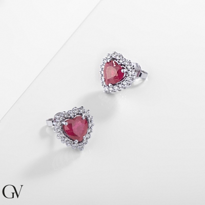 18k white gold earrings with diamonds and ruby heart cut