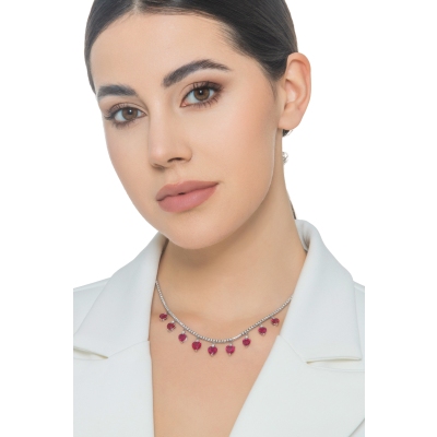 Tennis necklace with ruby heart pendant and diamonds