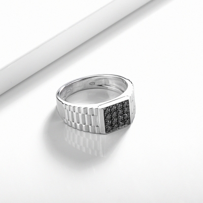 Men ring in white gold 18k with black diamonds pavè
