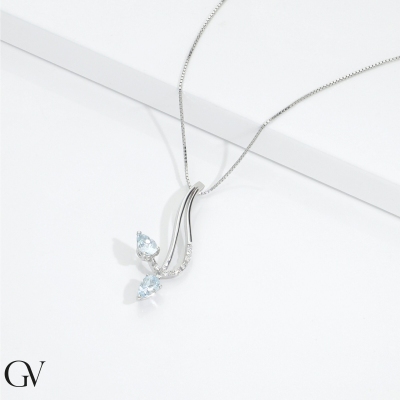 18k white gold necklace with two aquamarine and diamonds