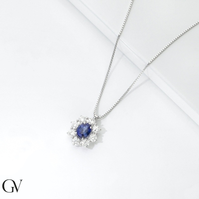 Necklace in white gold 18k with diamonds and blue sapphire