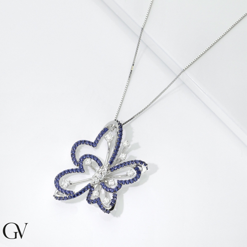 Necklace in white gold 18k with blue sapphires and diamonds butterfly pendant Necklace in white gold 18k with blue sapphires and diamonds butterfly pendant