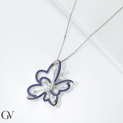 Necklace in white gold 18k with blue sapphires and diamonds butterfly pendant