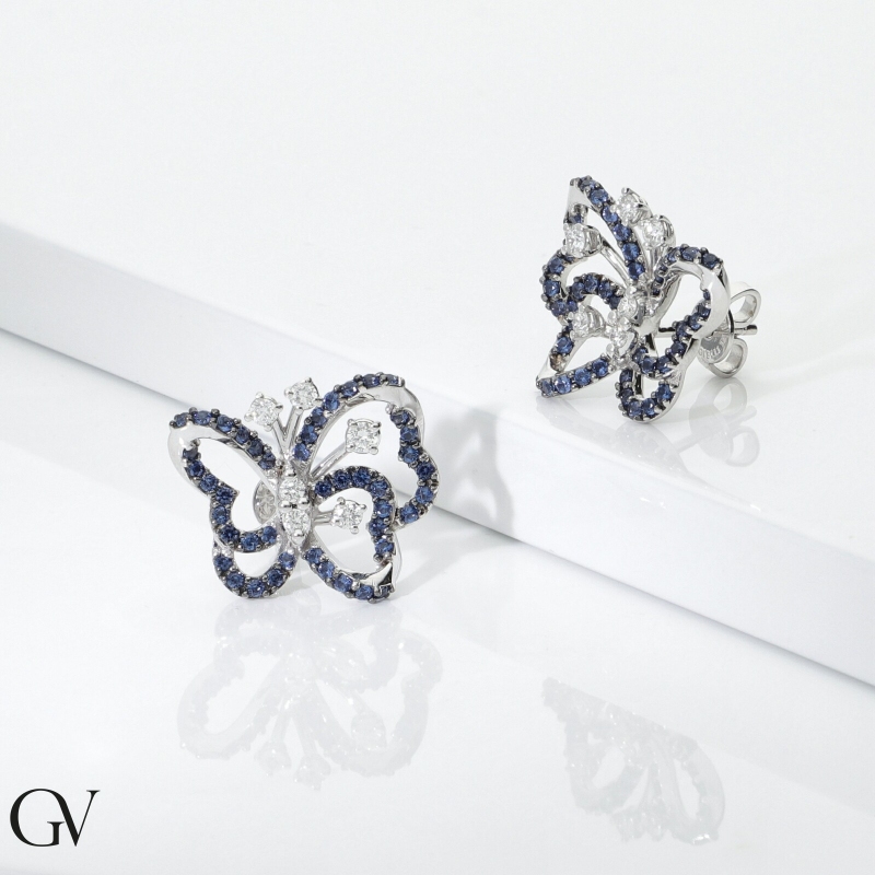 18k white gold butterfly earrings with blue sapphires and diamonds 18k white gold butterfly earrings with blue sapphires and diamonds