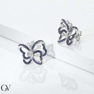 18k white gold butterfly earrings with blue sapphires and diamonds