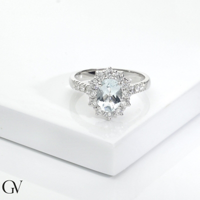 Aquamarine ring with diamonds in white gold 18k