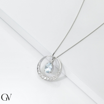 18k white gold necklace with pendant aquamarine and diamonds