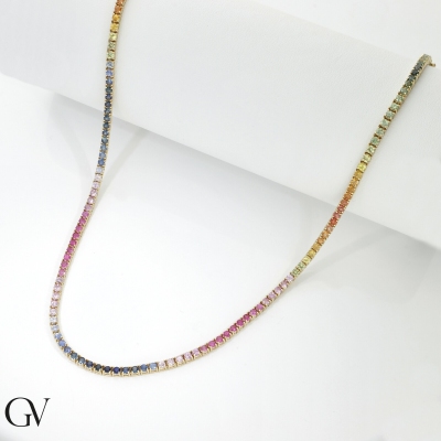 Multicolor sapphires tennis necklace in yellow gold 18k