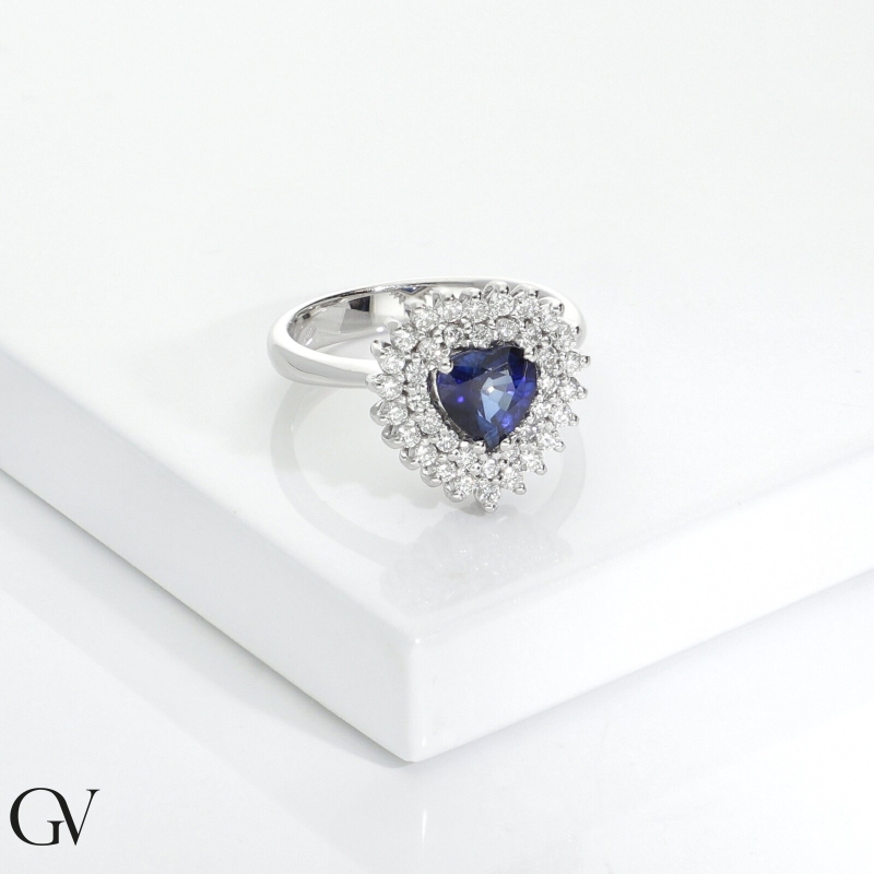 Blue sapphire heart-shaped double halo ring with diamonds