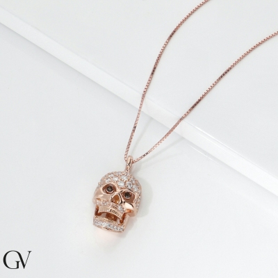 18k rose gold skull necklace with diamonds black and white