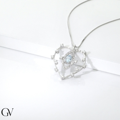 Necklace with heart diamonds pendant and aquamarine