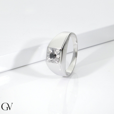 Black diamond man solitaire ring in white gold 18k