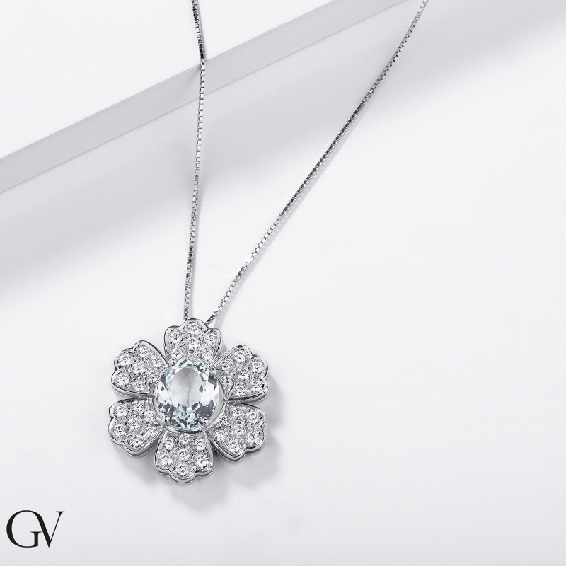18k white gold necklace with flower pendant aquamarine and diamonds 18k white gold necklace with flower pendant aquamarine and diamonds