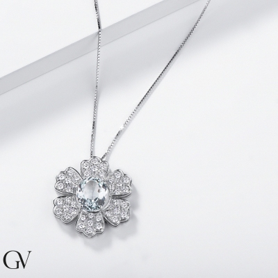 18k white gold necklace with flower pendant aquamarine and diamonds