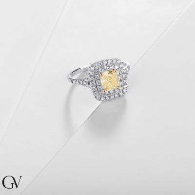 Solitaire ring with cushion fancy yellow cut 1.16ct GIA in white gold 18k