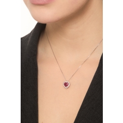 18k white gold necklace with a heart-shaped ruby pendant surrounded by diamonds 2