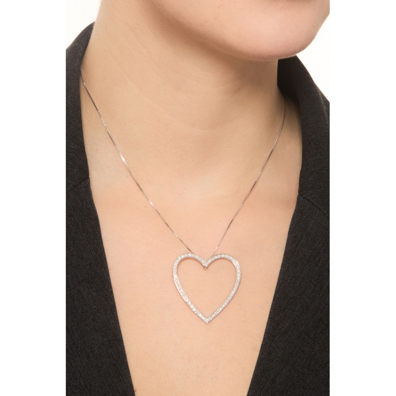 Necklace in white gold 18k with big heart pendant diamonds Necklace in white gold 18k with big heart pendant diamonds